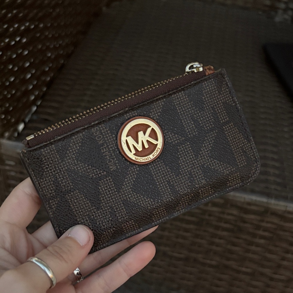 Michael Kors Dark Brown Monogram Zip Card Pouch with Gold Logo Fulton Key Pouch